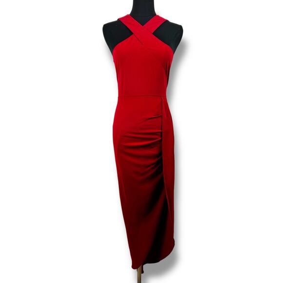 Showpo Red Cross Front Midi Bodycon Formal Dress Side Slit Womens Size 2 - Picture 3 of 10